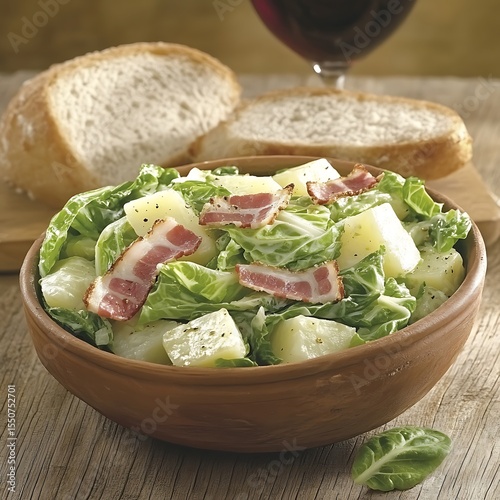 Bacon potato salad with savoy cabbage, artisanal bread, and red wine pairing