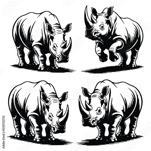 Powerful Rhino Silhouette: Four Unique Poses for Design Projects