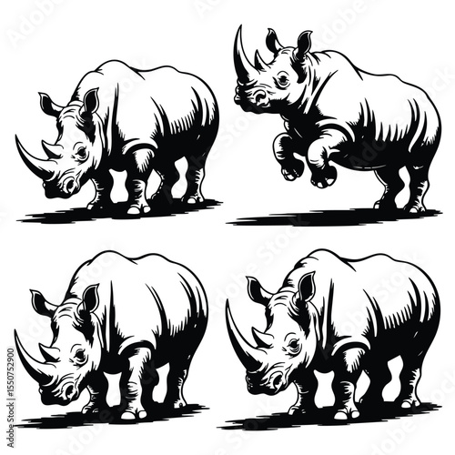 Rhinoceros Illustrations: Four Poses, Black and White, Wildlife Art, Animal Graphics, Vector Style, Print Design, African Wildlife, Endangered Species, Conservation Symbol