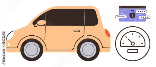 Side view of a compact car, speedometer gauge, and secure password entry elements. Ideal for car technology, safety, cybersecurity, modern transportation, smart systems, vehicle monitoring flat