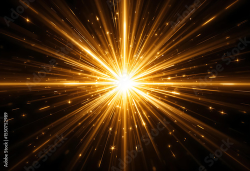 Golden Light Burst Energy Effect. Glowing Radiant Starburst on Dark Background. Abstract Magical Flash Overlay for Digital Art.perfect for overlays, fantasy scenes, or graphic effects