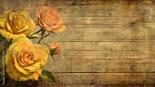 Fototapeta Naklejka Na Ścianę i Meble -  Yellow roses on vintage wood background