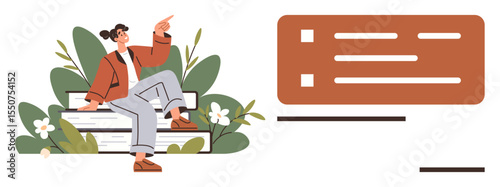 Woman sitting on stacked books surrounded by plants, pointing thoughtfully toward a text-filled board. Ideal for education, self-improvement, creativity, mindfulness, strategy planning, personal