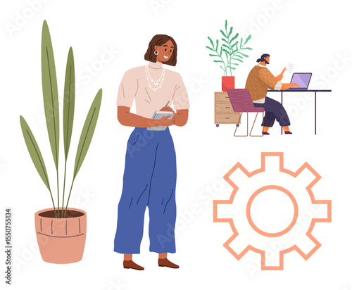 Woman taking notes beside potted plant, coworker working on laptop at desk, with gear icon symbolizing productivity. Ideal for teamwork, office decor, planning, organization, workflow, collaboration