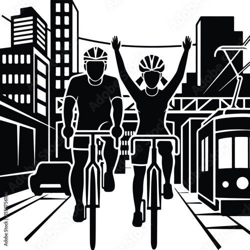 Tandem Cycling Couple Silhouettes – Outdoor Love and Fitness Icons Couple Cycling Together Silhouette Icon Set – Romantic Bike Ride Vector