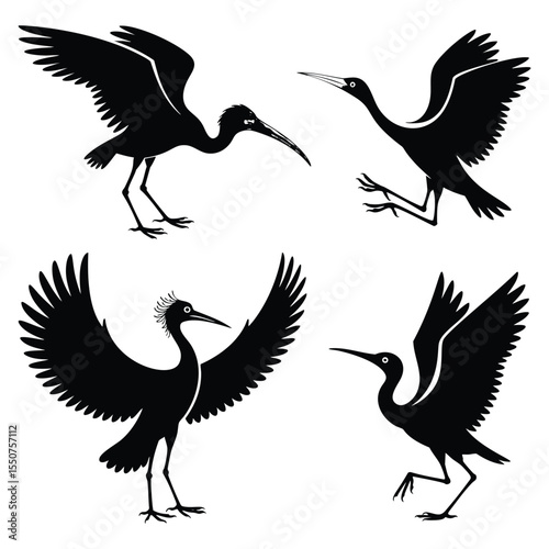 Elegant Heron Silhouettes: Four Exquisite Bird Designs