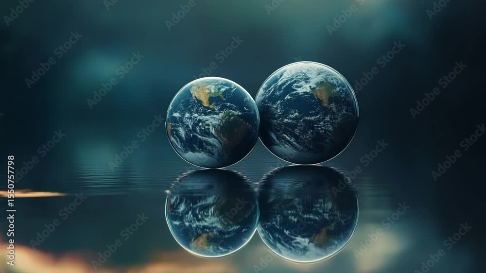 Two Earth globes side-by-side with a reflective surface and a blurred, dark background.