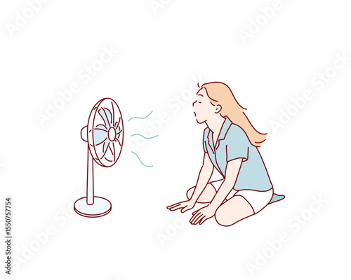 Young Woman Cooling Off with Electric Fan on Hot Summer Day. Hand drawn style vector design illustrations.