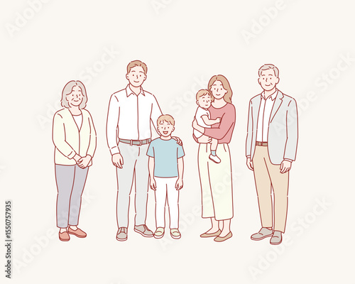 Happy big family portrait. Mom and dad, children and grandparents. Hand drawn style vector design illustrations.