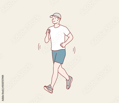 Man Wearing Cap Running Outdoors for Fitness and Exercise. Hand drawn style vector design illustrations.