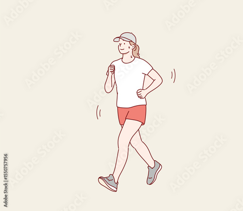 Woman Wearing Cap Running Outdoors for Fitness and Exercise. Hand drawn style vector design illustrations.