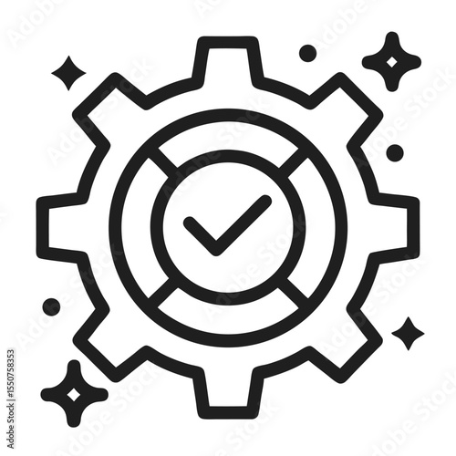 Black and white line art icon of a gear with a checkmark inside