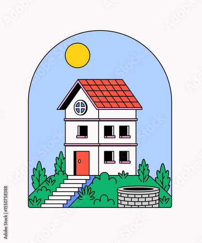 Two-story house with a red roof, surrounded by green bushes and a stone water well under a bright sunny sky in cartoon illustration hand drawn for real estate, countryside living, or home