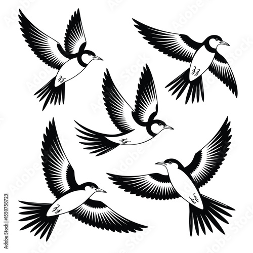 Four Birds in Flight: Black and White Bird Illustration, Avian Art, Nature Graphic, Pixel Art Design