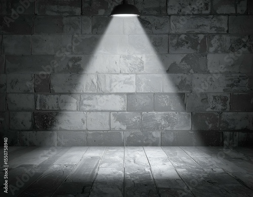 Dark, empty room with a grunge brick wall and textured floor, illuminated by a dramatic spotlight. Perfect as a moody background, copy space, or display for products.