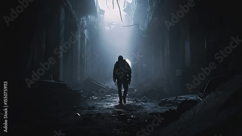 Solitary figure walking through a dark, ruined urban landscape, illuminated by a single shaft of light.