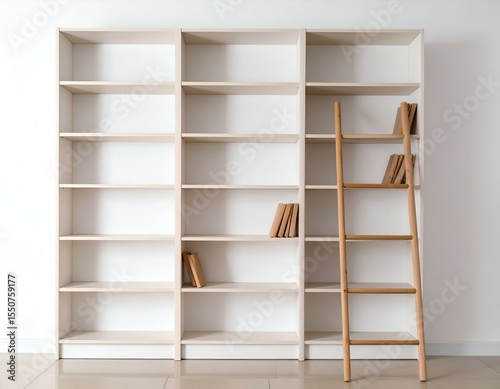 Bright, empty bookshelf with a few books and a wooden ladder against a white wall. Ideal for home organization, minimalism, or design concepts.