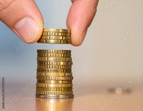 Hand placing coin on stack of coins. Close-up shot emphasizing financial growth and savings.