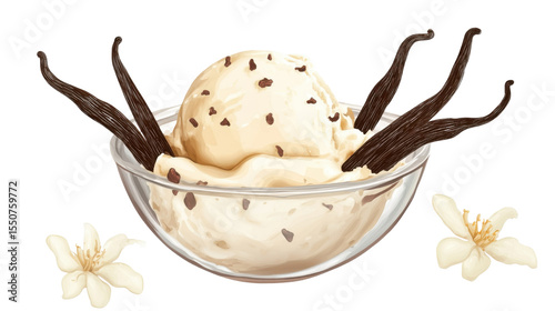 Scoop of delicious vanilla ice cream and vanilla on white background

