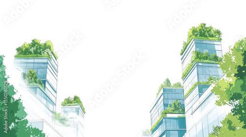 Sky line with plants in a modern city on white background

