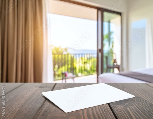 Wallpaper Mural Blank white card on wooden table in a hotel room with a blurred balcony view. Perfect for mockups, presentations, or designs. Torontodigital.ca