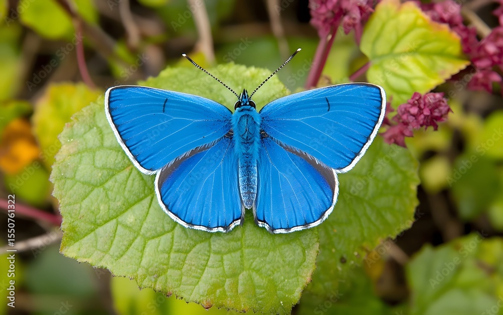 Fototapeta premium Vibrant Blue Butterfly on Green Leaf in Nature