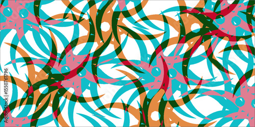 An artistic abstract pattern featuring overlapping circular motifs in vibrant turquoise, orange, and pink tones. Represents creativity, modern design, and colorful artistic expression.