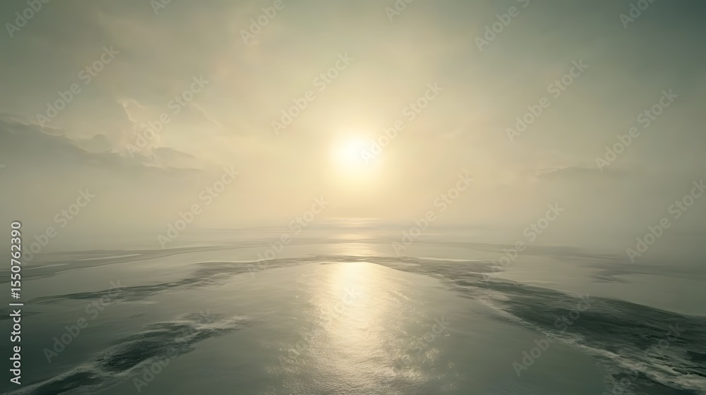 Obraz premium Misty Sunrise over Calm Ocean, Aerial View