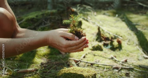 Wallpaper Mural Person holding a pine sapling with moss in cupped hands preparing to plant it in the forest Torontodigital.ca