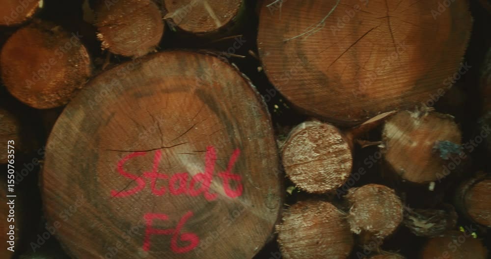 Stack of freshly cut tree trunks in a dense forest area