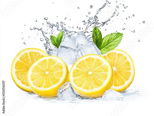 Fresh Lemons with Ice and Water Splash