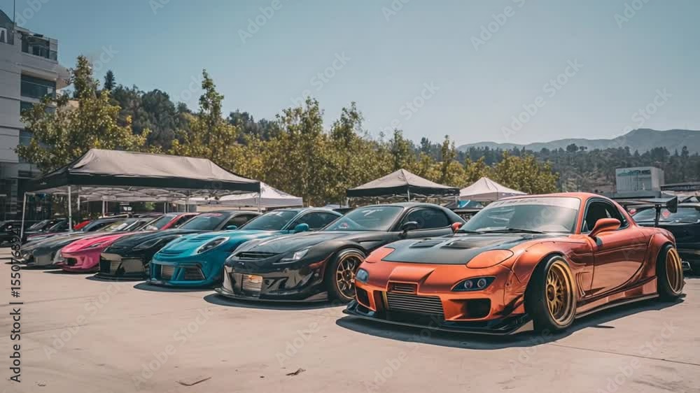Tuning Photo Tuned Cars at Outdoor Show: A row of custom-modified sports cars, each ...
