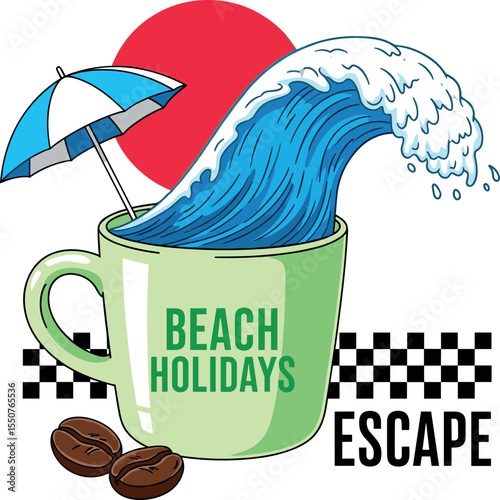 beach holiday surf coffee. Summer beach Break vector graphic design. Beach party tropical colorful poster . surfboard ice box relax chare in beach.