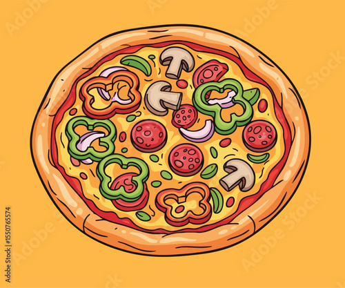 A brightly illustrated, fully loaded pizza, topped with vibrant peppers, pepperoni, and mushrooms, ready to enjoy