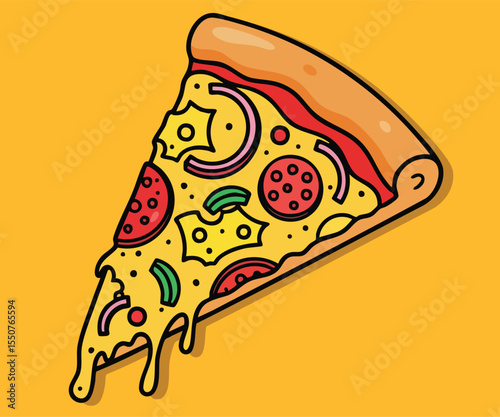 conic pizza slice illustration with bold lines and melting cheese