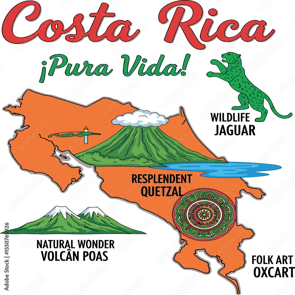 Costa rica pura vida graphics. summer natural wonder. wild jagura. vintage retro graphics for t-shirt. traditional print design for costa rica