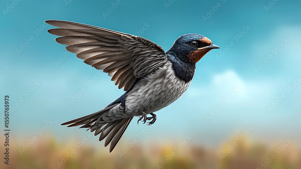 Obraz premium A barn swallow in flight, its forked tail silhouetted against a crisp blue sky.