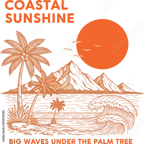 Costal sunshine slogan graphics print design. summer t-shirt graphics for art. big waves in beach with maountain side. colothing for fashion design.