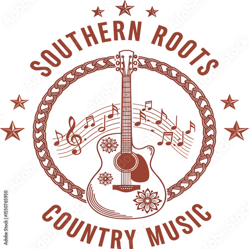 Cowgirl music graphic print design, western country music festival artwork, retro vintage rose design for t shirt, sticker,