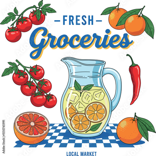 Fresh groceries in local market slogan . orange, lemon, chil tomato mixe together in local market . color separation screen print food fashion graphics