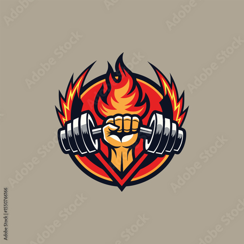 Fist gripping dumbbell rising through flames logo design for gym, fitness center, bodybuilding club, strength training, motivational workout, powerlifting or athletic brand identity.