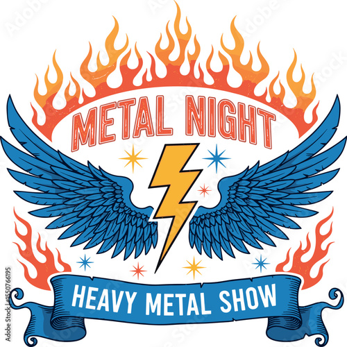 Metal night Rock and roll t-shirt design. wings and fair text make a vintage retro graphics. Long live Rock and roll vintage graphic design. cowboy is rock n rol