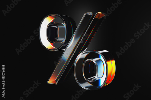 Close up of glass percent sign on black background. 3d rendering illustration