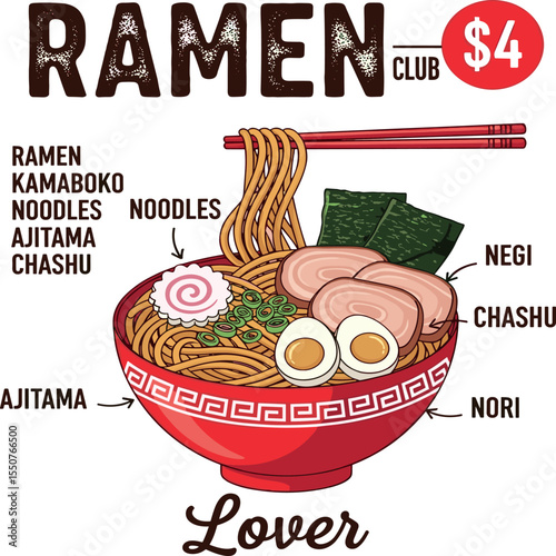  Ramen japanese food Graphic Design for T shirt. Ramen noodles in a bowl with chopsticks and fried shrimp