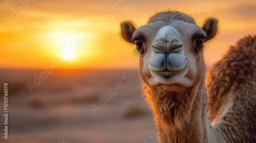 Camel Face Close-Up with Desert Sunset Background