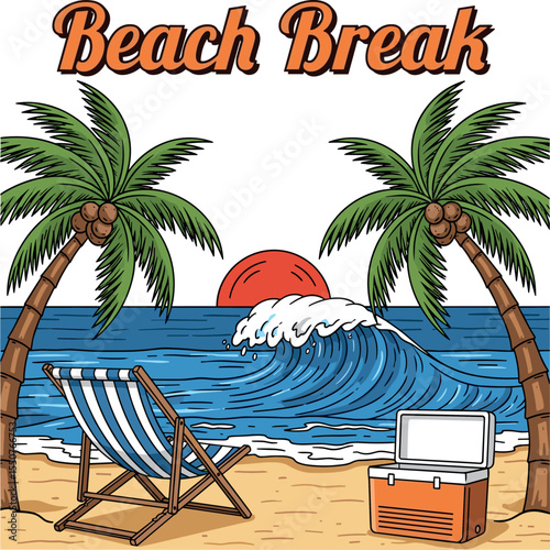Summer beach Break vector graphic design. surfboard ice box relax chare in beach. Beach party tropical colorful poster .Festival vector Illustration placard.