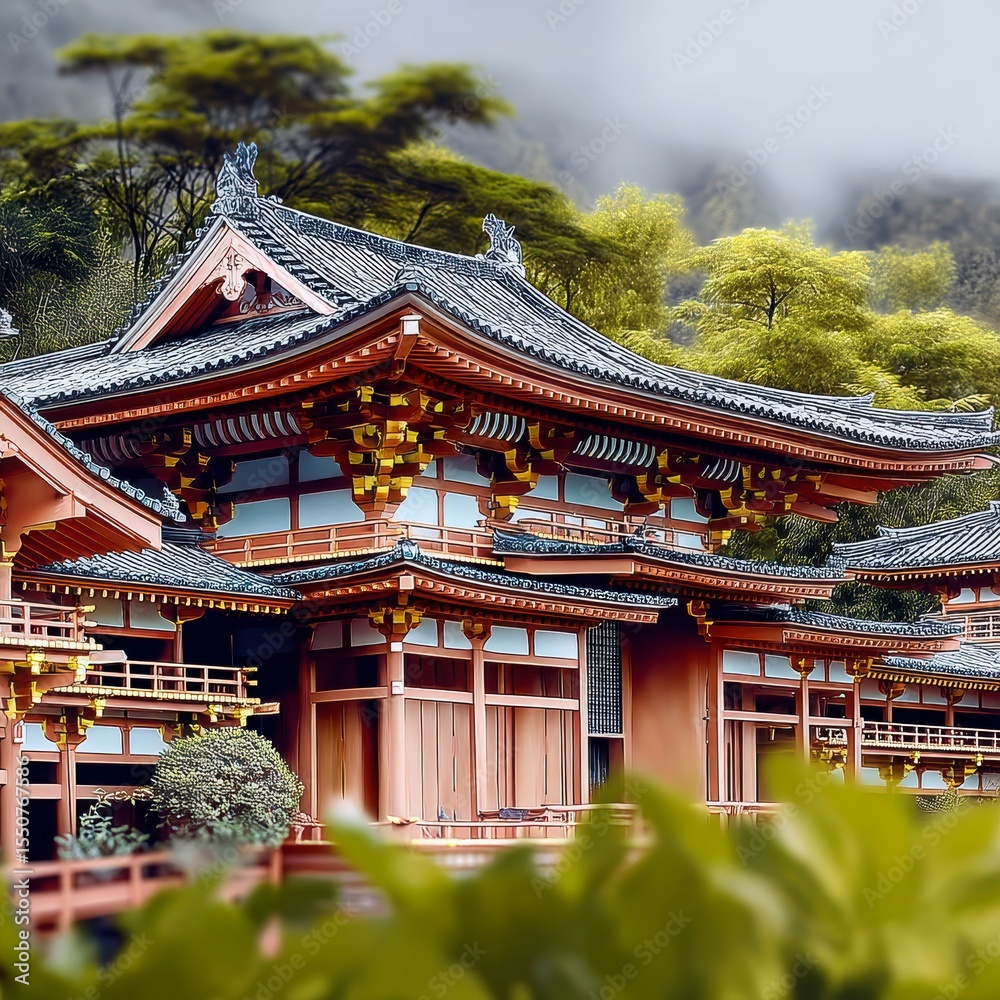 Obraz premium Traditional Asian Temple Surrounded by Lush Greenery and Nature
