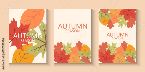 Autumn season poster, cards or banner template with minimalist design pastel colours, vibrant leaves. Collection of Vintage autumn Flower Market posters with colorful fall leaves.Trendy botanical wall