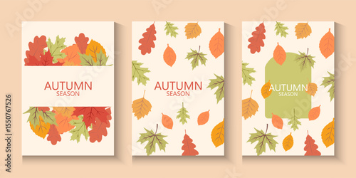 Autumn season poster, cards or banner template with minimalist design pastel colours, vibrant leaves. Collection of Vintage autumn Flower Market posters with colorful fall leaves.Trendy botanical wall