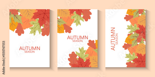 Autumn season poster, cards or banner template with minimalist design pastel colours, vibrant leaves. Collection of Vintage autumn Flower Market posters with colorful fall leaves.Trendy botanical wall